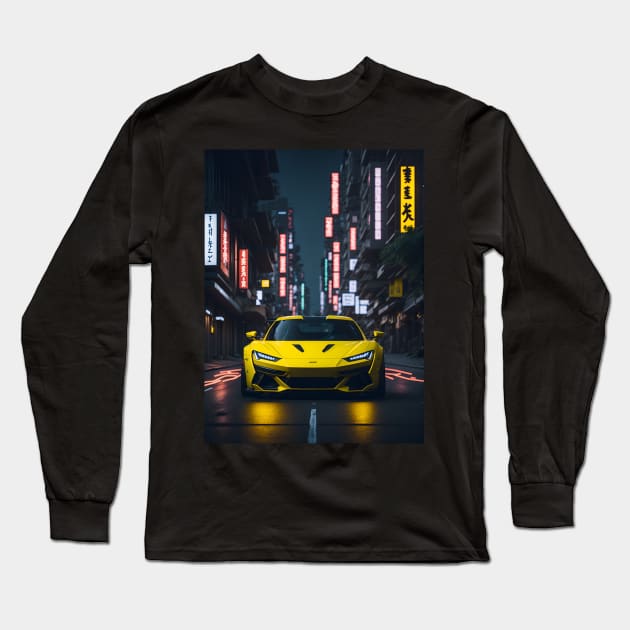 Dark Yellow Sports Car in Japanese Neon City Long Sleeve T-Shirt by star trek fanart and more